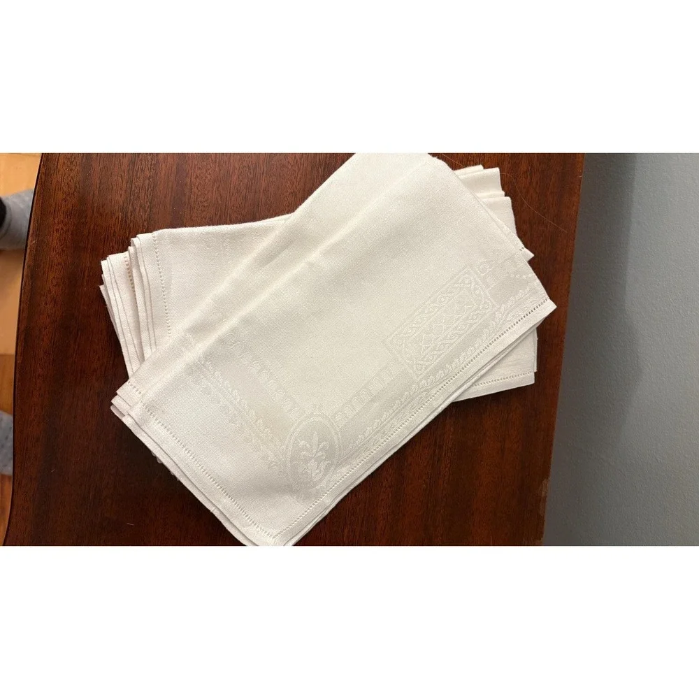 Vintage White Damask Napkins Hemstitched Fleur de Lis European Linen Set of 6